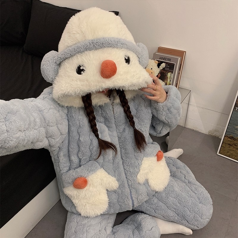 珊瑚绒三层夹棉睡衣女冬季加绒加厚2025新款冬天小企鹅家居服外出