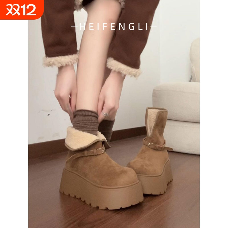 7cm厚底增高小个子加绒雪地靴女冬季皮毛一体棉鞋两穿短靴高跟