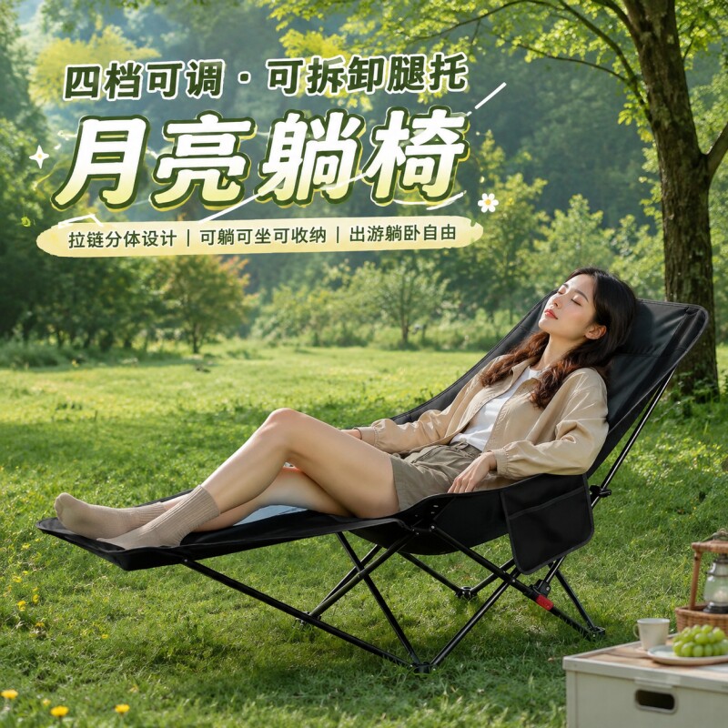 躺椅户外折叠椅加高月亮椅便携式露营椅子钓鱼凳沙滩躺椅野餐桌椅