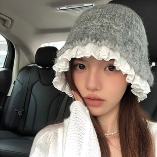 韩系蕾丝花边针织渔夫帽子女秋冬季 保暖百搭显脸小毛线盆帽潮拍照