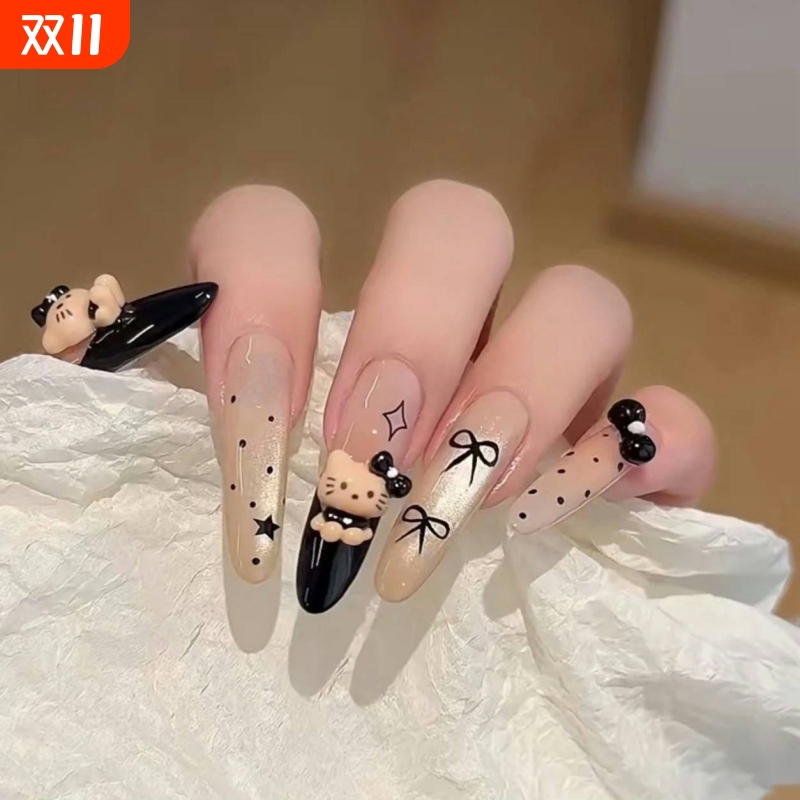 手工穿戴甲黑法式高级感可爱Kitty猫眼美甲贴片显白克罗心多巴胺