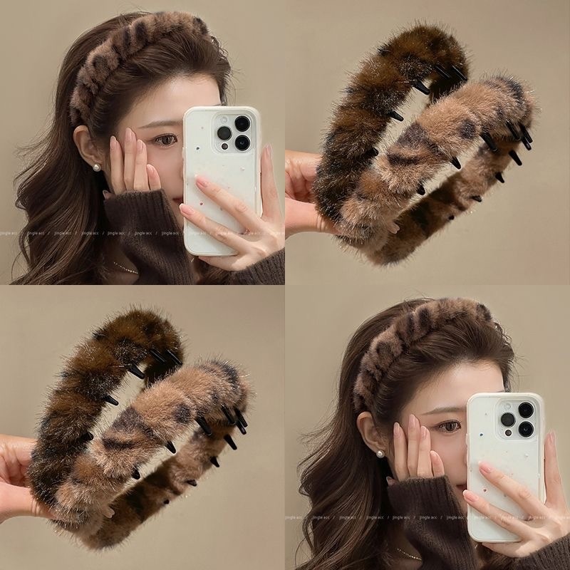 2024年洗脸带齿复古发箍豹纹新款女防滑毛绒发卡发饰头箍猫咪秋冬