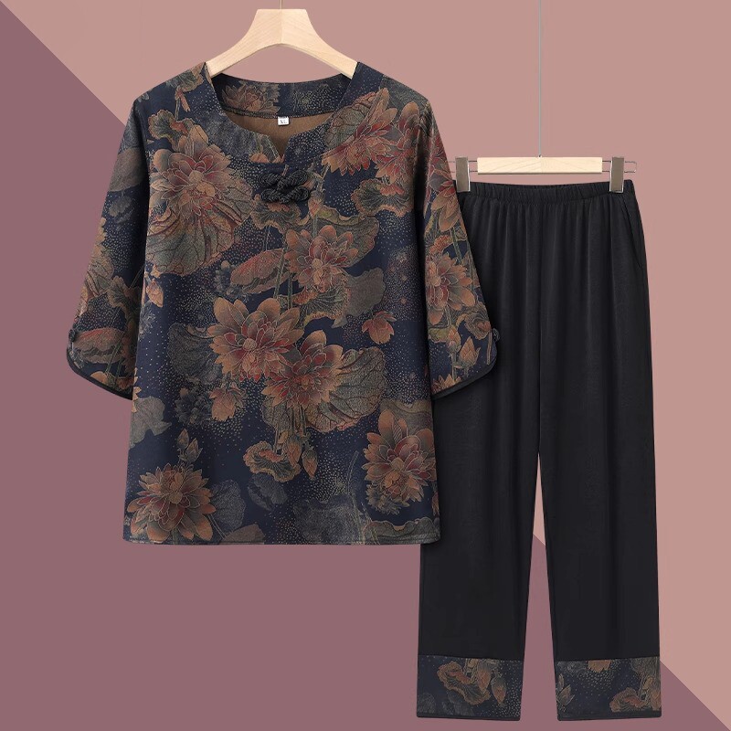 中老年人夏装女奶奶装夏季套装妈妈短袖中袖衣服太太7080岁两件套