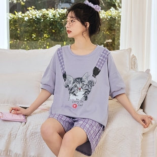 一体式 女生睡衣夏季 少女加大码 可爱小猫咪短袖 家居服 上衣格子短裤