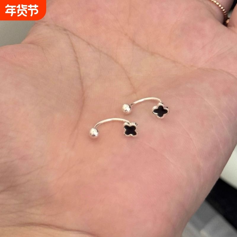 S999纯银四叶草耳钉女小众设计双耳洞一体连体耳环免摘耳骨钉耳饰