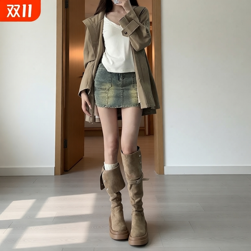 厚底长筒靴女2025新款秋冬季不过膝绒面长靴女款显瘦高筒骑士靴子