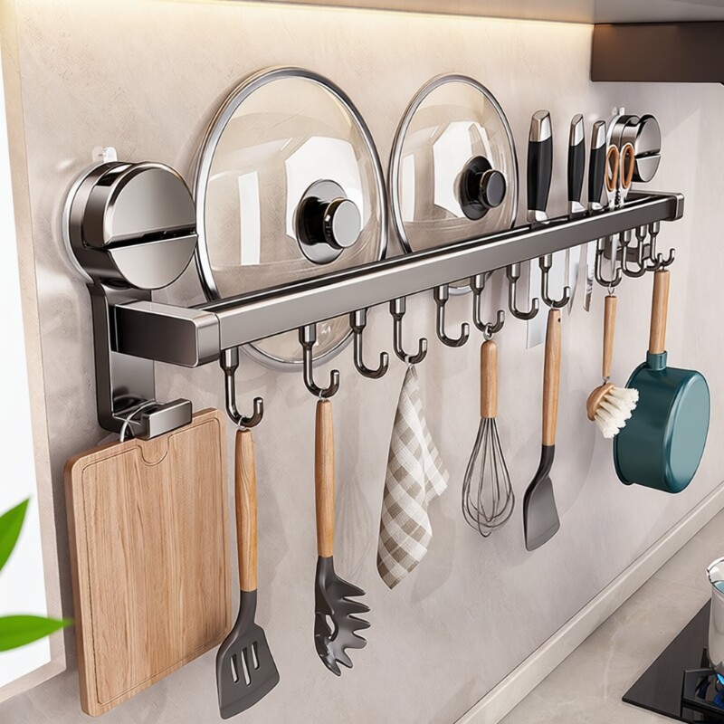 吸盘厨房置物架挂钩多功能免打孔挂杆锅盖勺子铲子刀架收纳架刀具