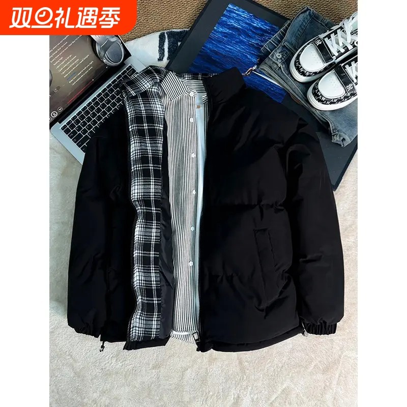 cleanfit黑色格子拼接夹克棉服男款冬季立领面包服运动棉衣外套