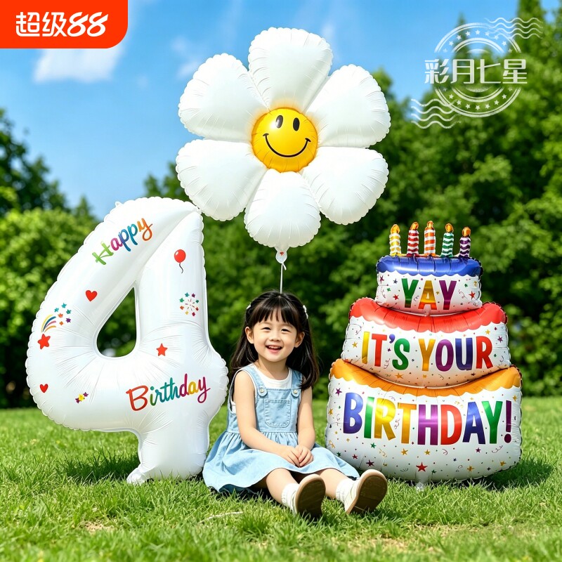 数字气球彩色三层生日蛋糕铝膜儿童生日派对装饰布置拍照室内充气