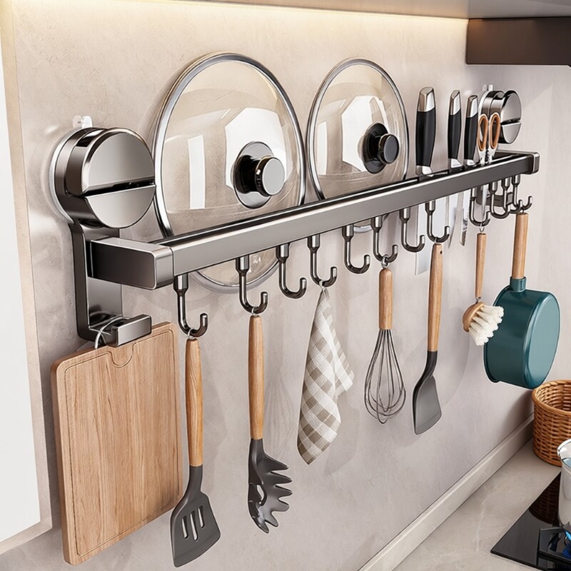吸盘厨房挂钩置物架多功能免打孔挂杆锅盖勺子铲子刀架收纳架刀具