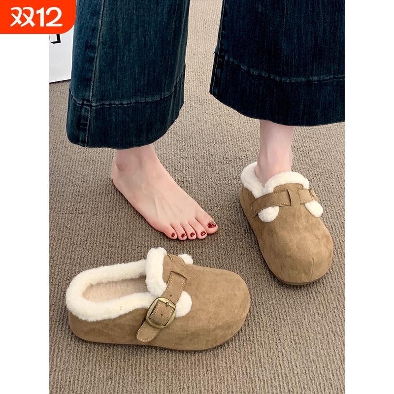 厚底加绒包头半拖鞋女外穿2025秋冬新款毛毛勃肯鞋懒人保暖棉拖鞋