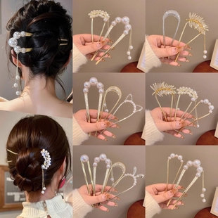 气质珍珠吊坠发簪简约现代网红簪子古风盘发神器超仙发钗头饰水钻