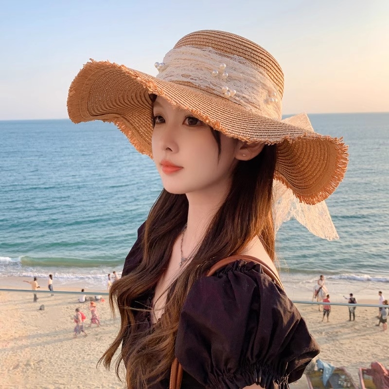 蕾丝蝴蝶结大帽檐沙滩草帽女2025年春新款海边遮阳防晒太阳帽子潮