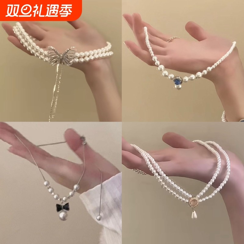 在逃公主 蝴蝶双层珍珠项链choker仙女配饰女高级感锁骨链颈链