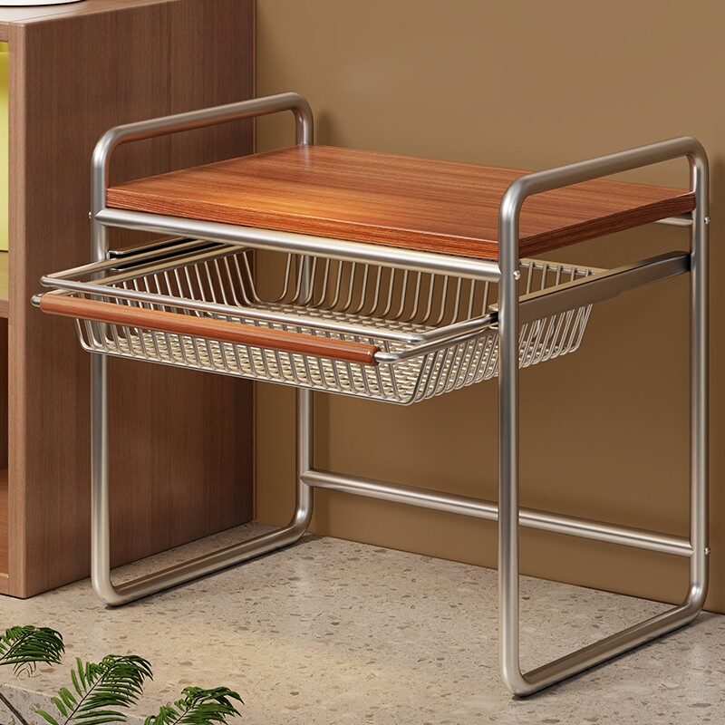 中古风微波炉置物架厨房台面可抽拉电饭煲收纳架子烤箱空气炸锅架