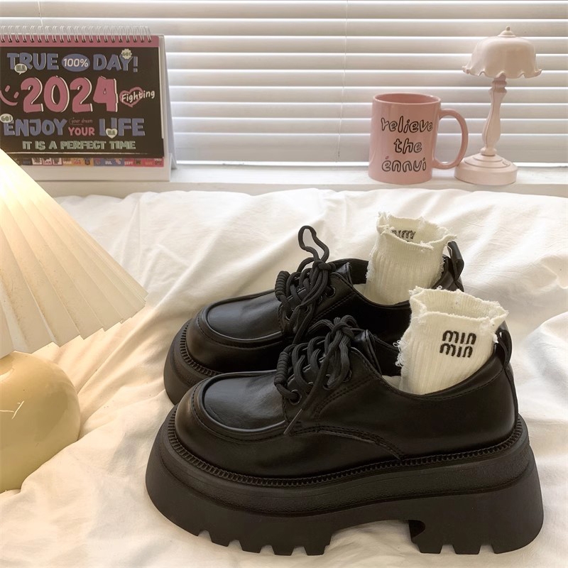 复古英伦风黑色小皮鞋女2025春季新款粗跟厚底增高小个子乐福单鞋