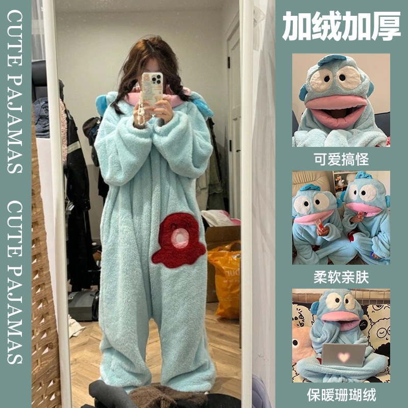 丑鱼连体睡衣女珊瑚绒加厚保暖秋冬季卡通大嘴鱼搞怪家居服睡袍男