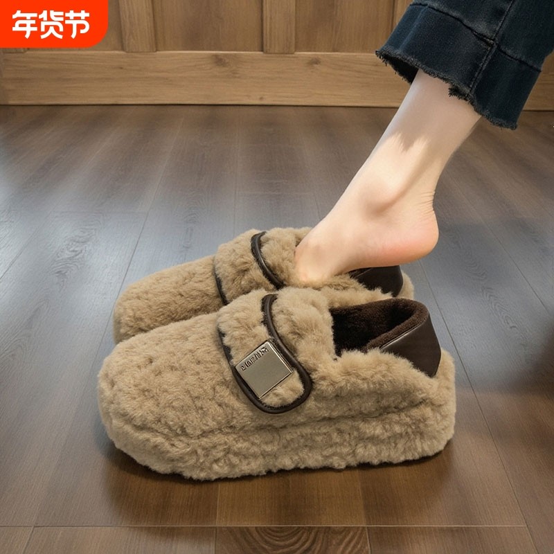 【羊羔绒】毛毛鞋女2025新款秋冬厚底魔术贴加绒保暖一脚蹬豆豆鞋,女鞋,穆勒鞋,淘宝优惠券,粉丝福利购,淘宝优惠卷