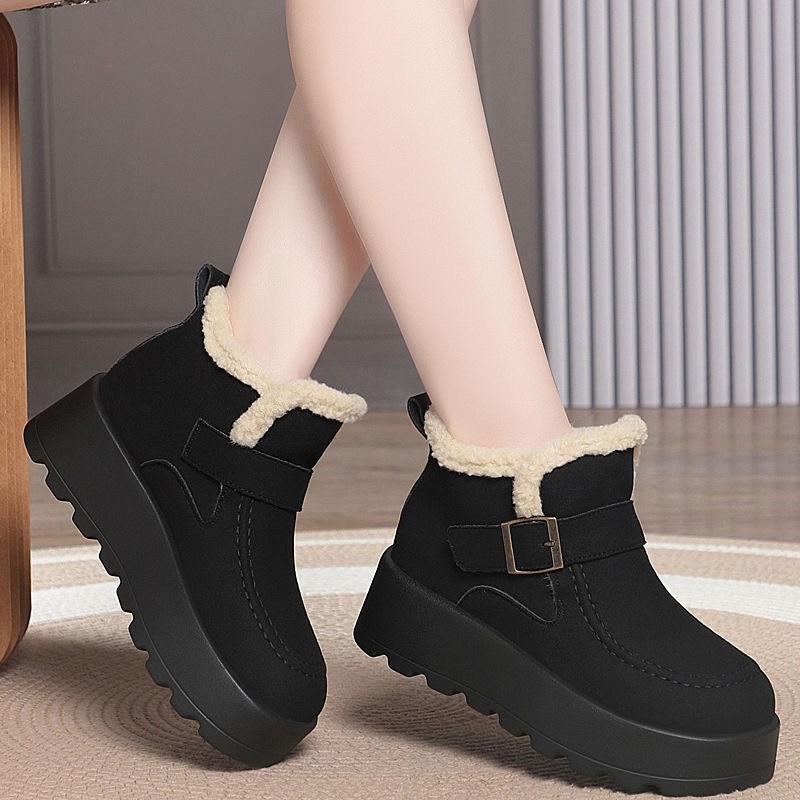 三福厚底雪地靴女2025新款冬季加绒保暖棉鞋小个子增高短靴马丁靴