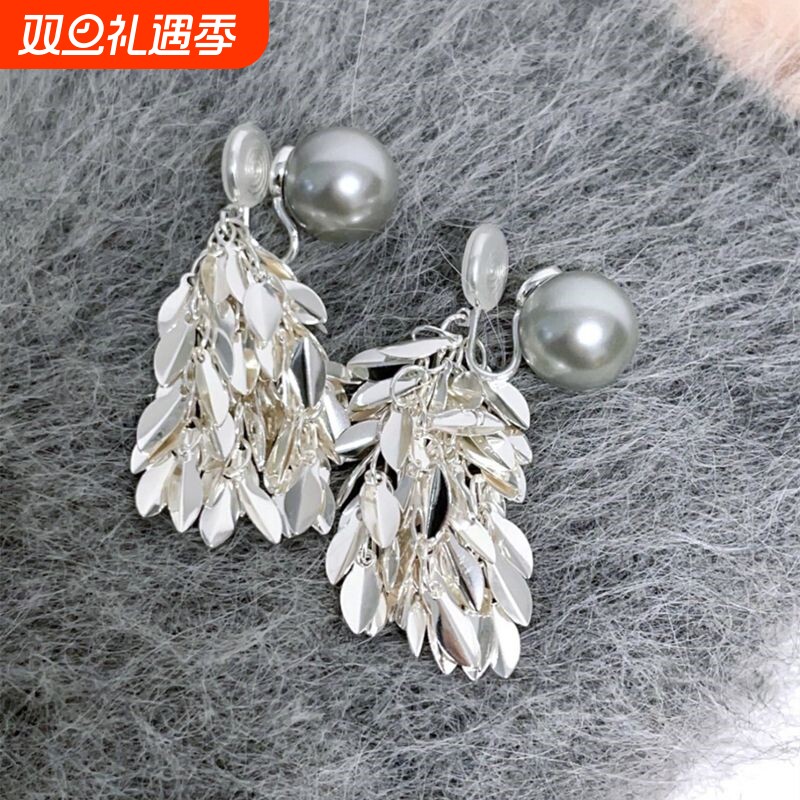 粼粼清冷灰色珍珠流苏耳环女显脸小蚊香盘无耳洞耳夹耳饰麦穗无痛