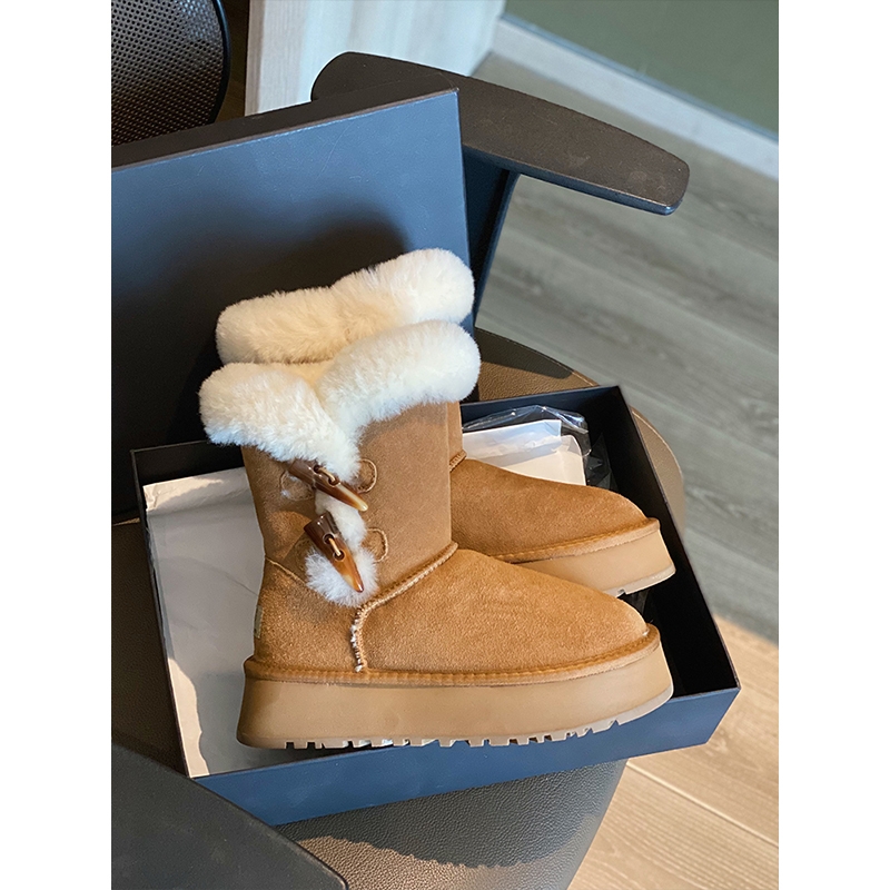 真皮厚底雪地靴女款2025冬季网红加绒加厚增高轻便牛角扣东北棉靴