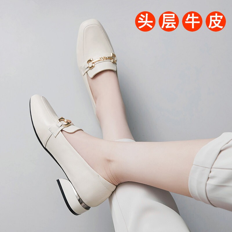 意尔康包鞋女软底女鞋平底粗跟春季皮鞋乐福鞋白色牛皮黑色浅口 - 实物图