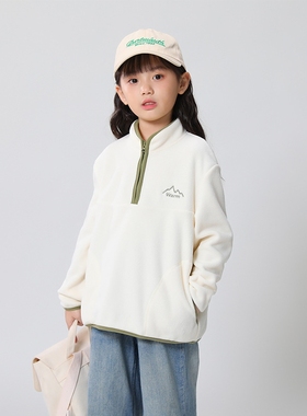 女童装立领卫衣冬款男孩摇粒绒保暖拉链上衣儿童套头外套抓绒白色