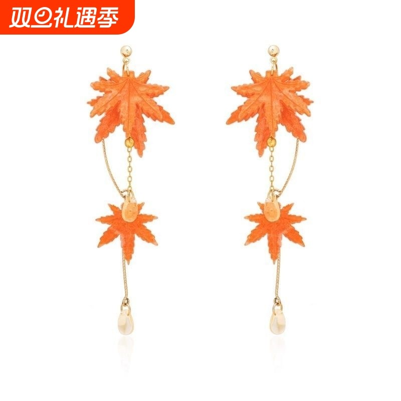 入秋红色枫叶流苏耳环复古优雅耳夹高级国风耳饰喜庆