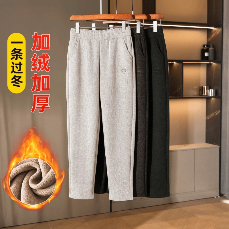 中老年女装妈妈裤子加绒加厚秋冬新款时尚洋气宽松休闲直筒毛呢裤