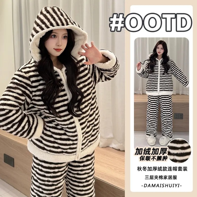 条纹珊瑚绒三层夹棉睡衣女秋冬季加绒加厚拉链冬天保暖家居服外出