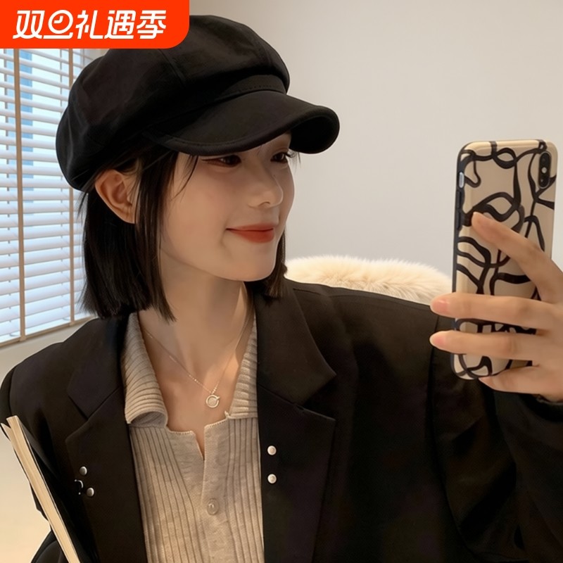 黑色鸭舌帽子贝雷帽女2024秋冬新款报童帽显脸小八角帽大头围画家