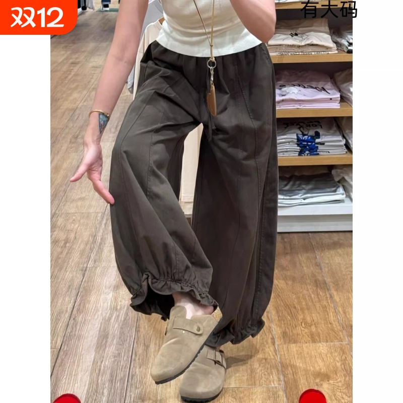 咖色工装花苞灯笼裤女秋冬新款大码高腰显瘦阔腿九分休闲裤子