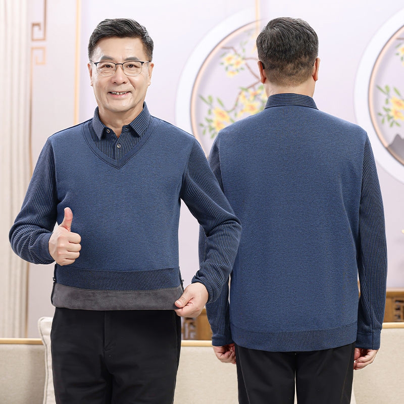 中老年人冬季爸爸装假两件保暖翻领衬衫领毛衣针织衫爷爷加绒加厚