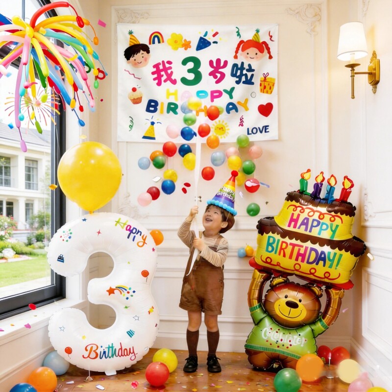 男女孩3周岁宝宝儿童5生日快乐场景布置条幅2岁气球挂布装饰拍照