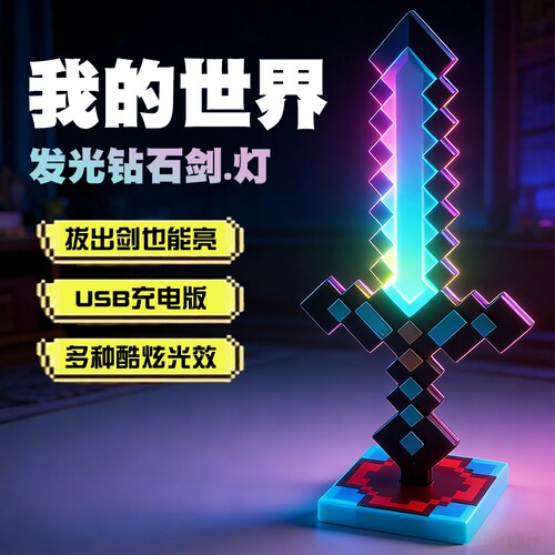我的世界钻石剑发光剑USB儿童男女孩创意灯周边模型玩具礼物像素