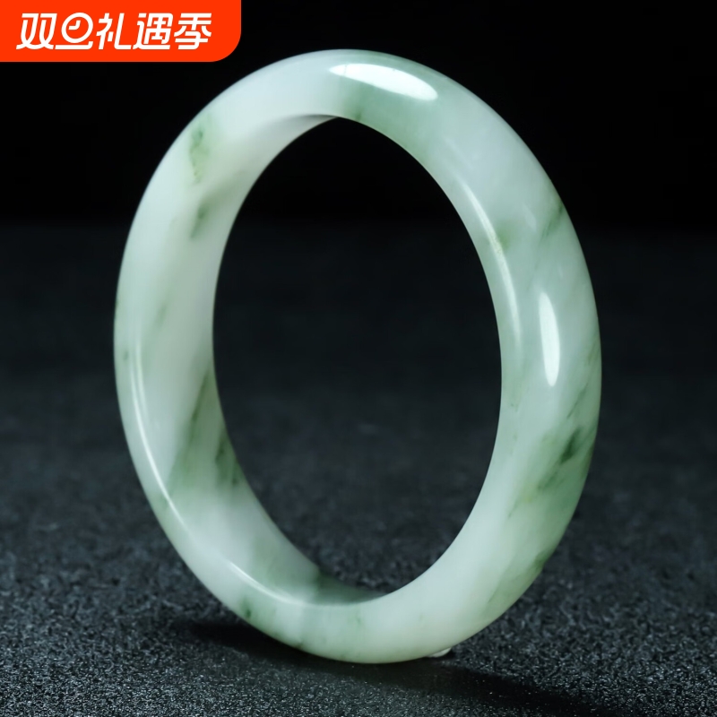 【无酸洗无染色】天然雪翠新疆天山翠手镯玉镯女款圆条扁镯非翡翠