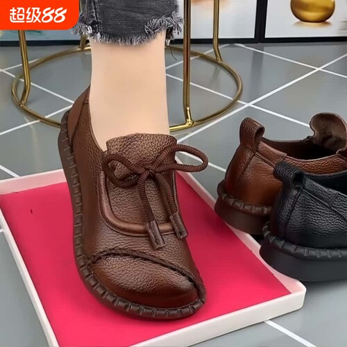 意尔康心选软底单鞋女2026新款秋季平底防滑中老年妈妈鞋复古皮鞋
