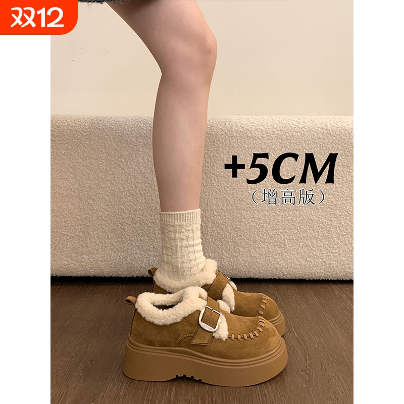 厚底加绒乐福棉鞋女2025秋冬新款保暖毛毛雪地靴复古英伦风小皮鞋