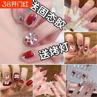 美甲穿戴甲烤灯固态胶手工新年中长款显白红色贴片镶钻杏仁法式