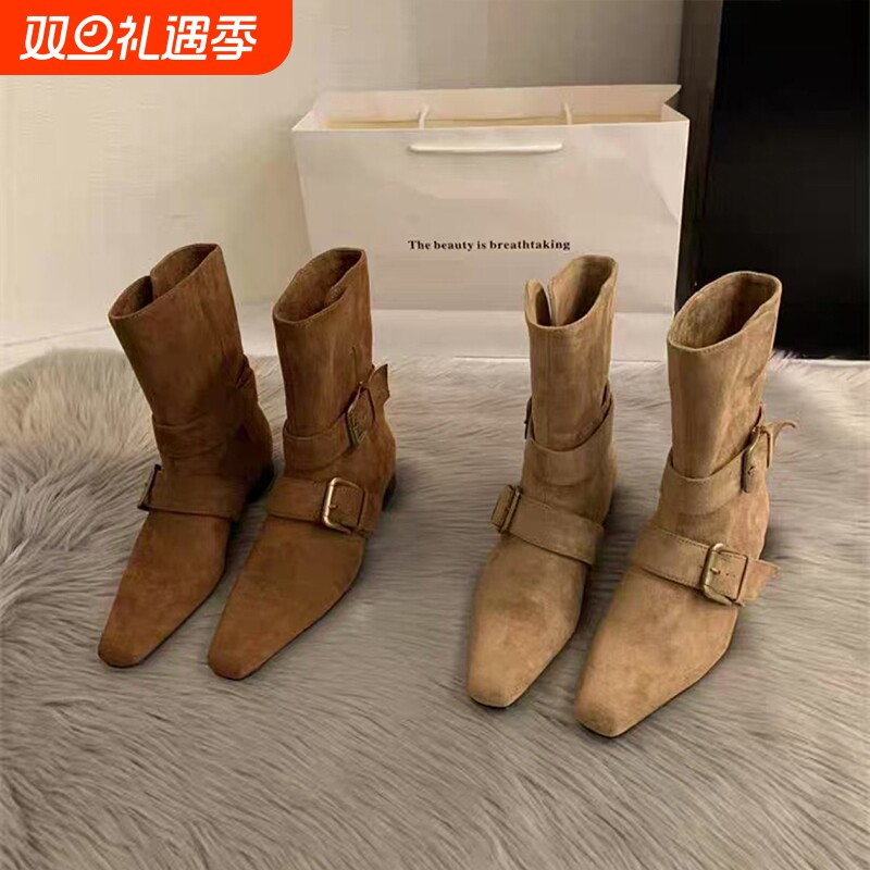 复古方头小个子中筒靴女2025新款法式西部靴短靴尖头棕色卡其色