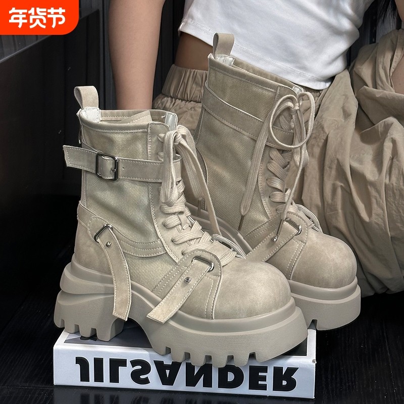 欧货真皮牛仔布大头松糕厚底马丁靴女2025新款小个子增高短靴高跟,女鞋,马丁靴,淘宝优惠券,粉丝福利购,淘宝优惠卷