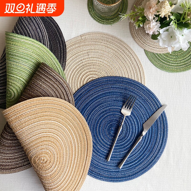 北欧风仿棉纱餐垫圆形苎麻编织杯垫隔热盘垫装饰道具垫家用防烫垫