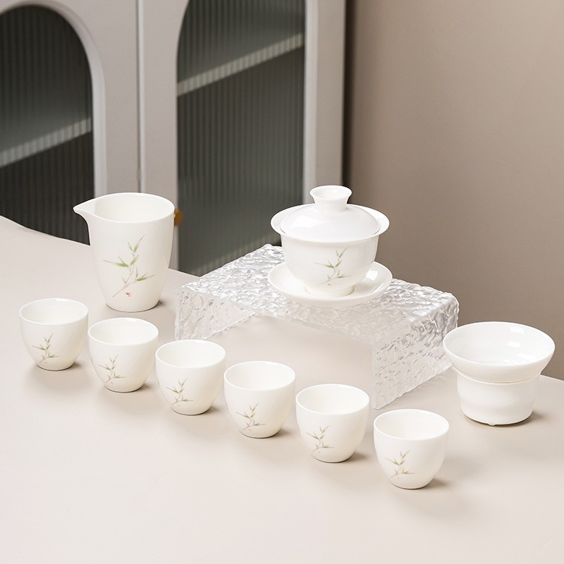 羊脂玉功夫茶具套装家用陶瓷悬停盖碗茶杯公道杯泡茶器白瓷整套