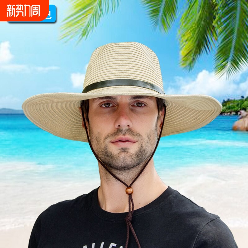 欧美新款跨境帽子男士户外遮阳帽海边度假沙滩帽大檐编织草帽