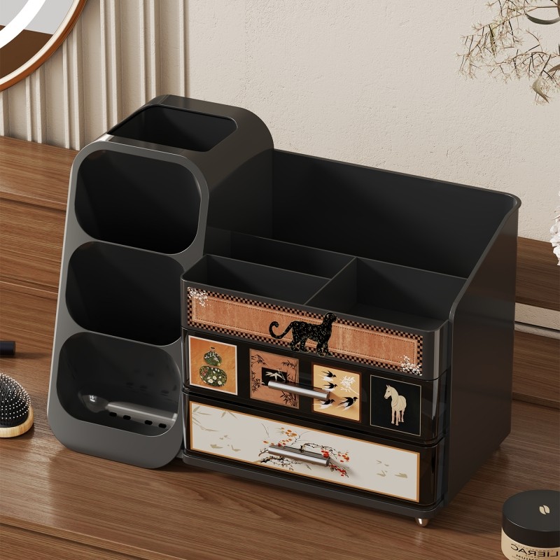 梳妆台收纳盒桌面中古风化妆品防尘抽屉式整理盒高级口红置物架