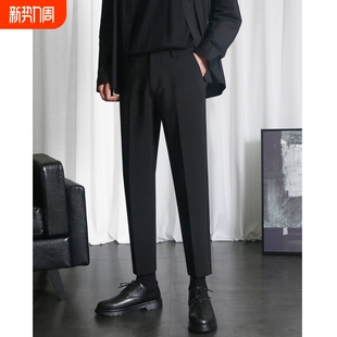 男修身 裤 直筒九分裤 秋冬垂感西装 抗皱 加绒休闲裤 OWNR黑色小西裤