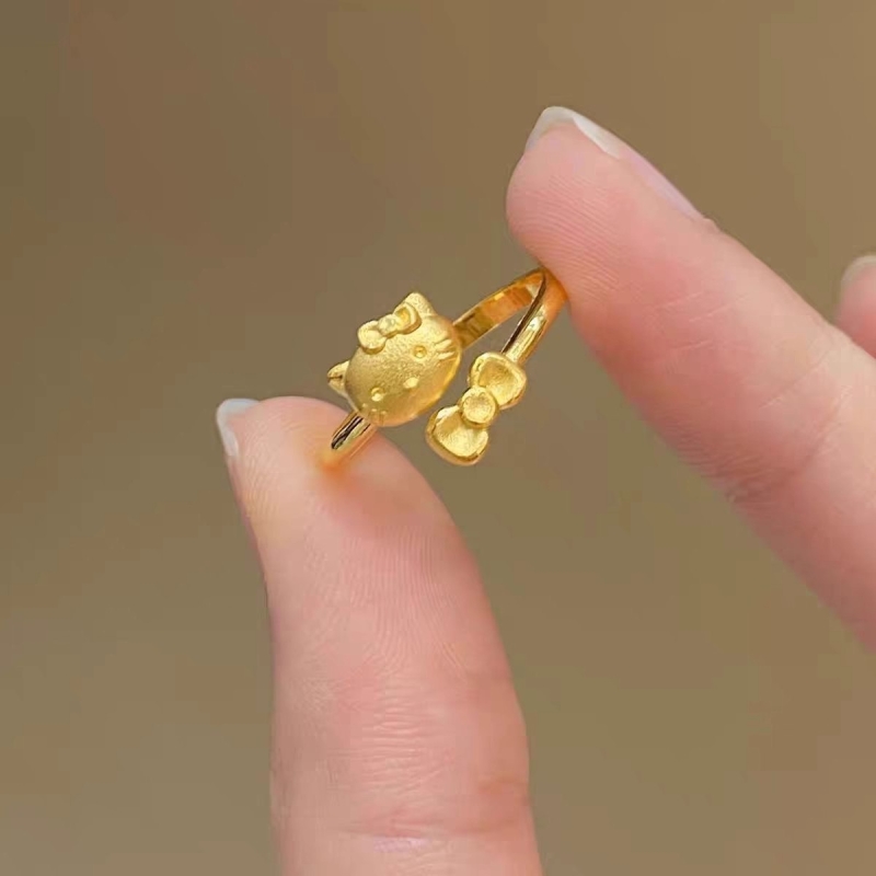黄金色hello凯蒂kitty猫蝴蝶结戒指精致卡通小猫咪素圈指环可调节