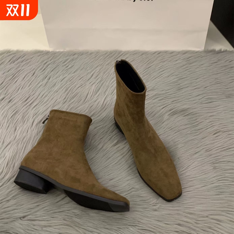 粗跟复古绒面瘦瘦靴女网红百搭短