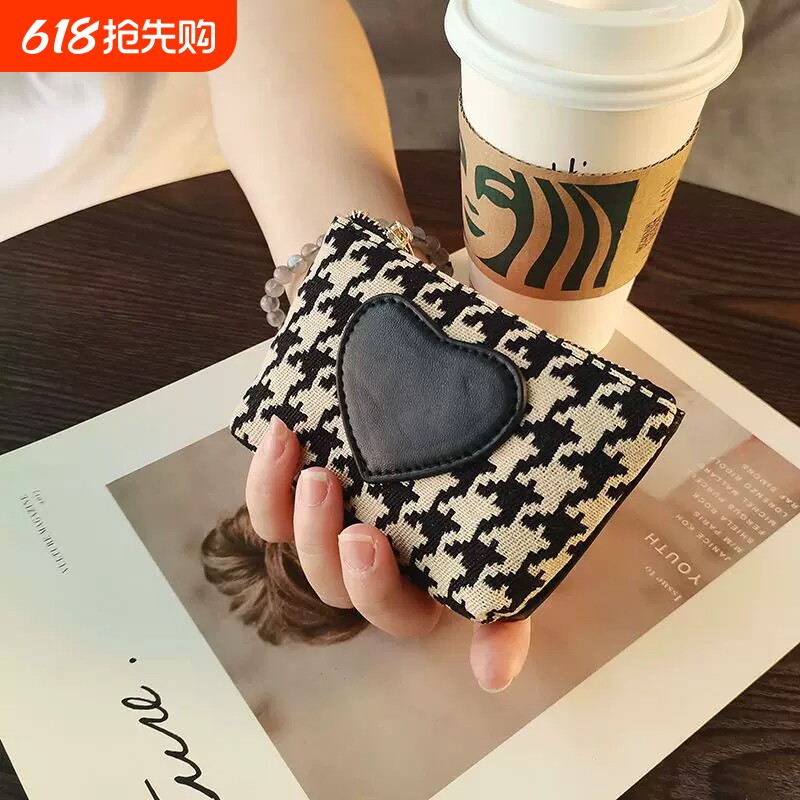 零钱包女设计千鸟格小钱包女款迷你口红收纳包小巧钱包手工帆布