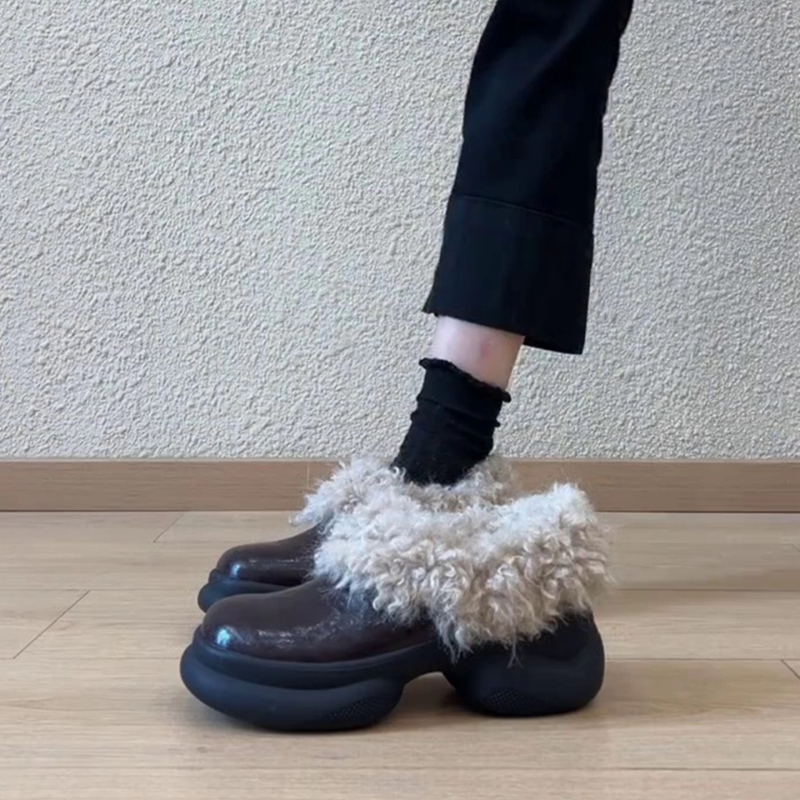 羊皮版~毛毛鞋女厚底一脚蹬加绒保暖雪地靴复古高跟粗跟方头冬季